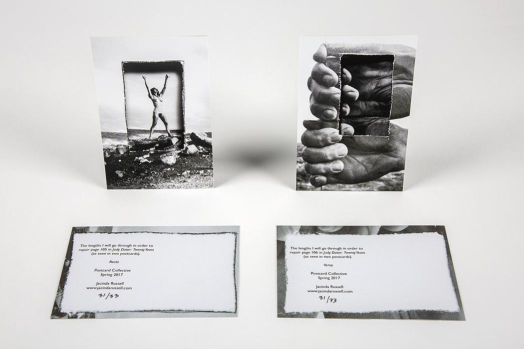 The lengths I will go through in order to repair pages 105 and 106 in Judy Dater: Twenty Years (as seen in two postcards), 2017 The lengths I will go through in order to repair pages 105 and 106 in Judy Dater: Twenty Years (as seen in two postcards)